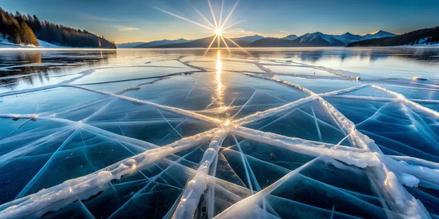 Tapeta Zubaté ľadové trhliny na zamrznutom jazere s odrazom svetla 4K