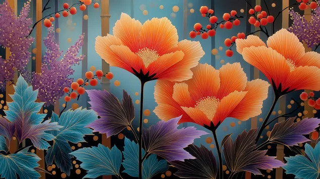 Шпалери Абстрактний живопис у японському стилі з яскравими помаранчевими квітами 2K