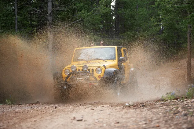 Jeep, un vehículo todo terreno de ruedas grandes de color amarillo que conduce por un camino de tierra en el bosque en el bosque
