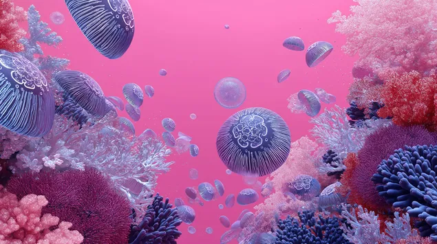Medūzos ir koralai ryškiai rožiniame povandeniniame pasaulyje 2K ekrano užsklanda