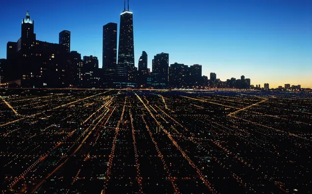建物とライトの素晴らしい配置 シカゴの街のスカイライン 素晴らしい日の出