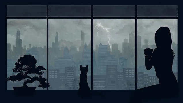 街の雷を見ている少女と猫のシルエット