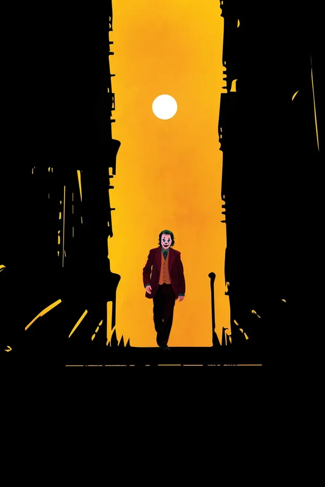 Karakter film Joker berjalan di antara jalan siluet dengan pemandangan bulan purnama 2K wallpaper