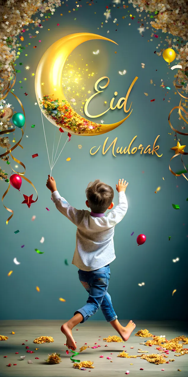 Nen alegre corrent amb globus creixent d'Eid Mubarak i pètals remolins festius 2K fons de pantalla