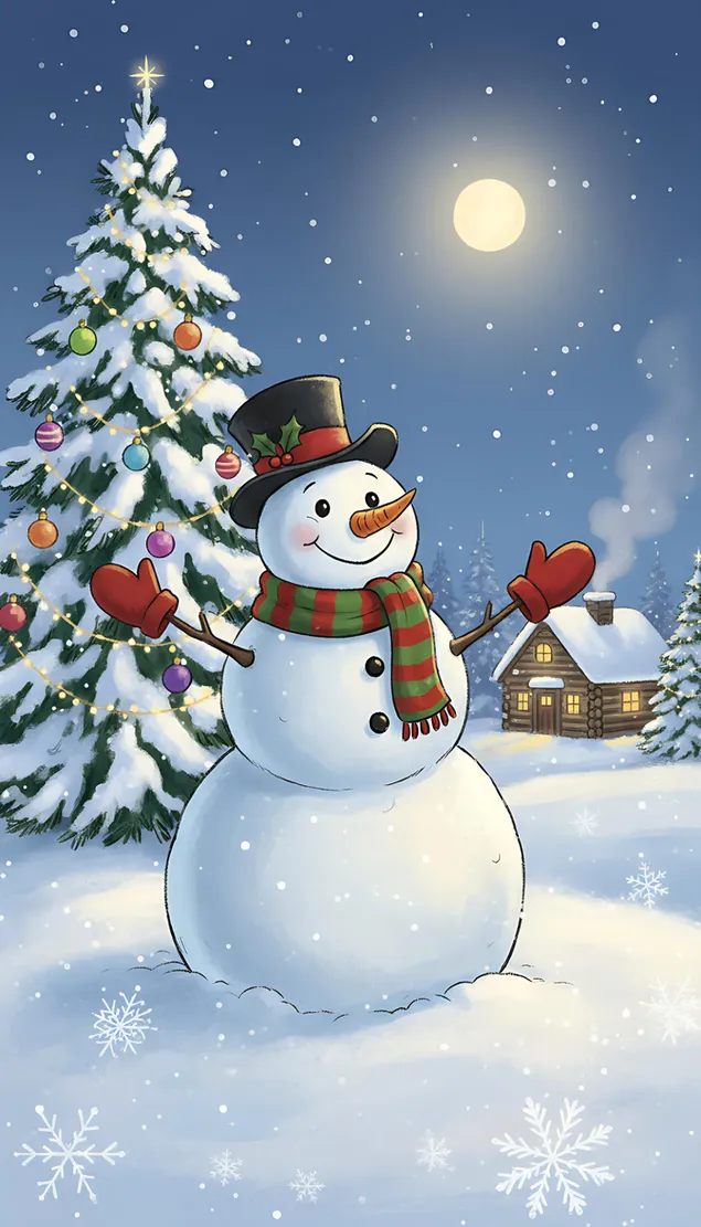 Радостна сцена със зимна приказка на снежен човек 2K тапет