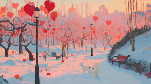 kalpler ve kopeklerle neseli kis parki manzarasi indir