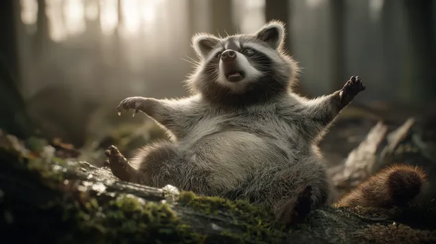 Džiūgaujantis meškėnas miško aplinkoje 2K ekrano užsklanda