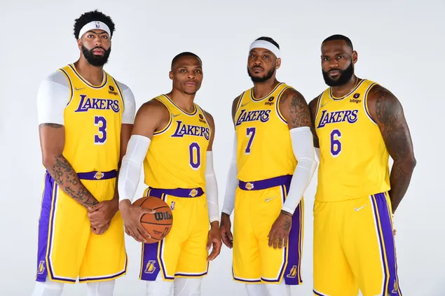Jugadores del equipo de Los Angeles Lakers, un equipo de baloncesto profesional estadounidense con sede en Los Ángeles, California.
