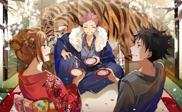 Jujutsu kaisen - megumi fušiguro, nobara kugisaki ir yuji itadori valgo kartu 2K ekrano užsklanda