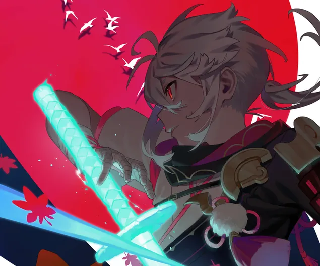 Páipéar balla Kaedehara Kazuha agus a chlaíomh (Ganshin Impact)2K