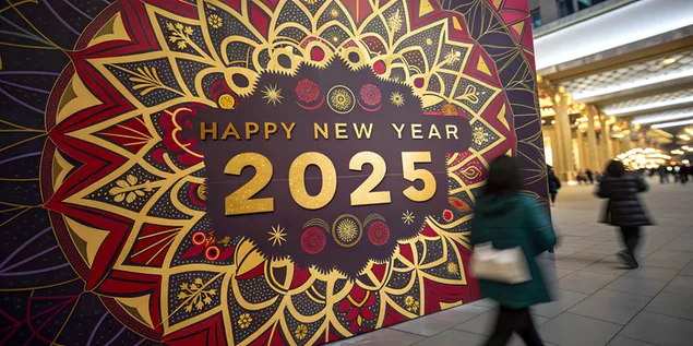 Efekt kaleidoskopa s fraktalnim uzorcima i 'Sretna Nova 2025.' u svečanim bojama 4K pozadina