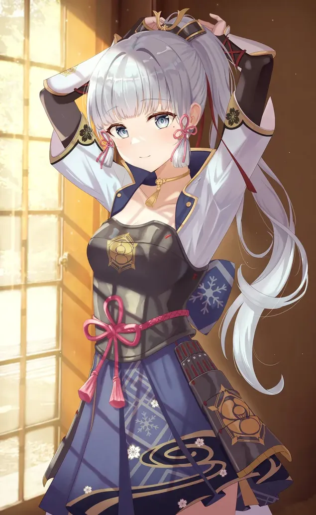 Камисато Аиака, аниме девојка прелепог изгледа са својом дугом косом 2K позадина