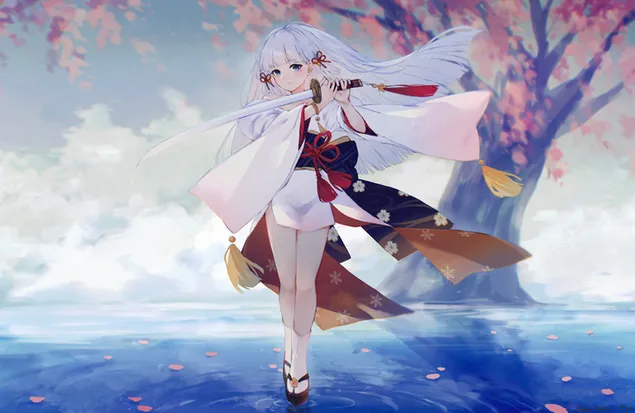 Tapeta Kamisato Ayaka stojí nad vodou s mečom | Genshin Impact 4K