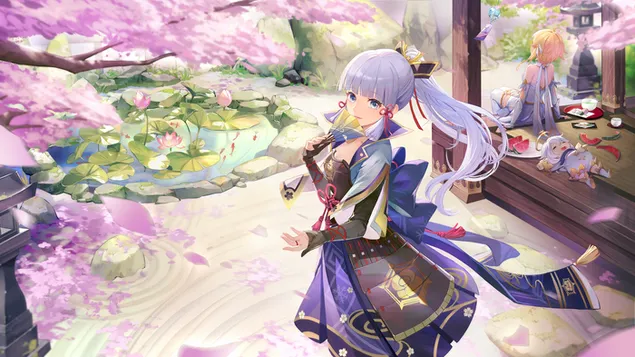 Kamisato Ayaka & Lumine | piękna przyroda Drzewo kwitnącej wiśni (Ganshin Impact) 2K tapeta