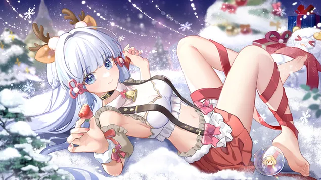 Tapeta Kamisato Ayaka vám nabízí jíst jahody o vánoční noci | Ganshin dopad 4K