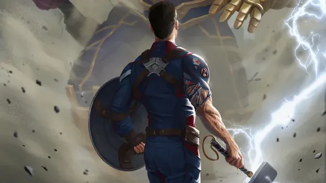 Kapitein staat alleen met zijn schild en hamer tegen Thanos
