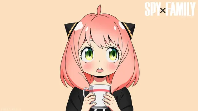 Kawaii Anya drinking from a cup with yellow minimalist background