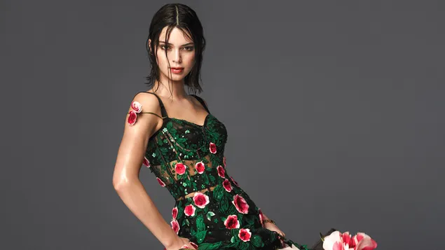 'Kendall Jenner' en vestido floral | sesión de fotos de moda 4K fondo de pantalla