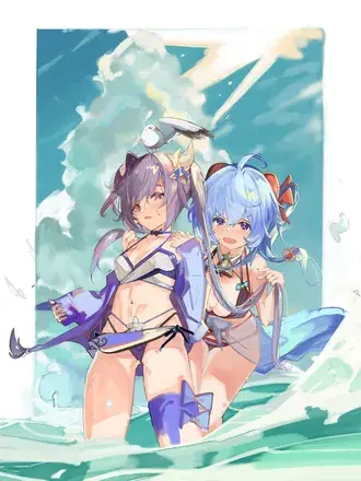Keqing et Ganyu | costume de bikini chaud sur la plage (Ganshin Impact) 2K fond d'écran