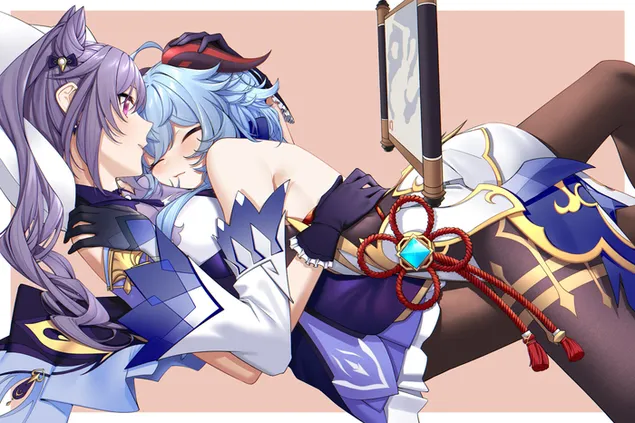 Tapeta Keqing a Ganyu sa objímajú (Ganshin Impact) 2K