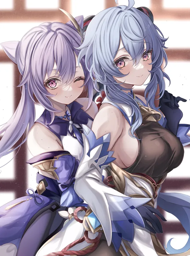 Keqing กอด Ganyu | ผลกระทบของเก็นชิน 2K วอลเปเปอร์