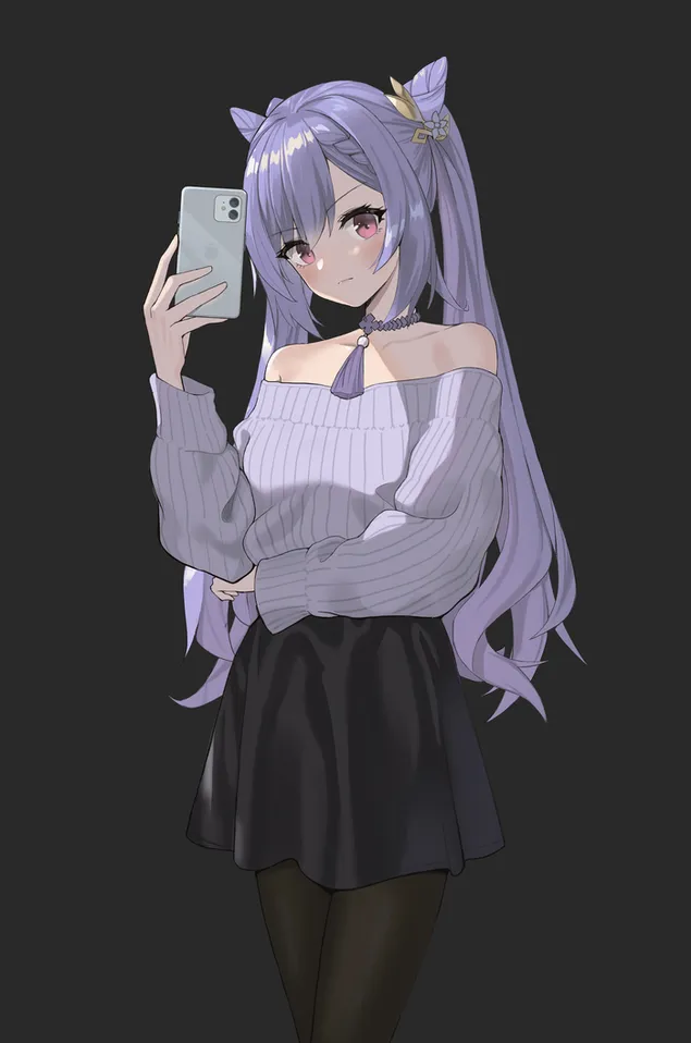 Keqing is taking a selfie with her I phone 2K wallpaper