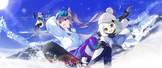 Keqing y Piamon disfrutando del esquí en la nieve en invierno | Impacto Genshin descargar