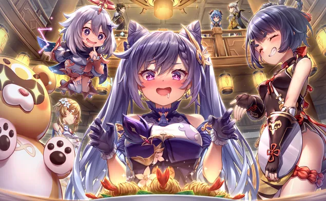 يسيل الفم Keqing & qiqi بعد مشاهدة مثل هذا الطعام اللذيذ 2K خلفية