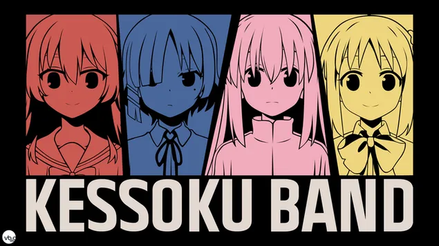 Kessoku Band Bocchi gadis anime Band dengan desain warna-warni di depan latar belakang hitam unduhan