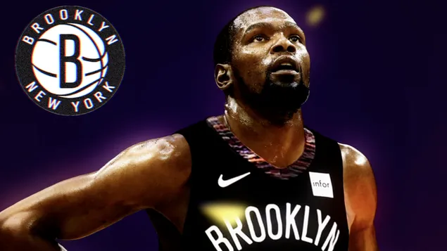 Kevin Durant paarse achtergrond Brooklyn Nets Jersey en Brooklyn Nets logo
