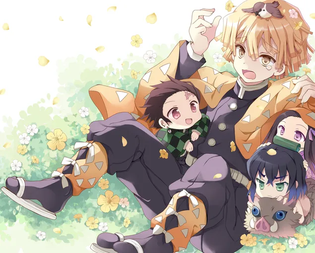 Kimetsu no yaiba - lindos momentos con el escuadrón de Tanjiro 4K fondo de pantalla