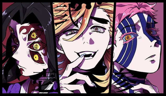Kimetsu no yaiba 악마: Akaza, Doma 및 Kokushibo 2K 배경화면