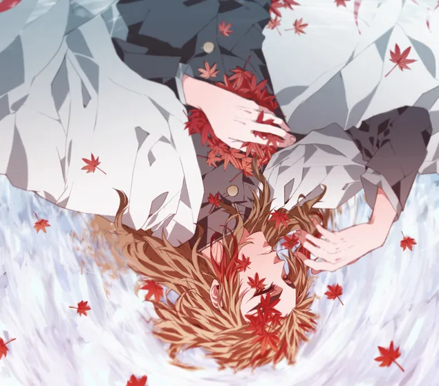 muat turun kimetsu no yaiba - kyojuro tidur dengan daun musim luruh
