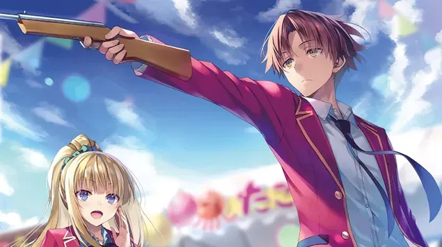 Kiyotaka Ayanokouji og Kei Karuizawa fra Classroom of the Elite-anime 4K bakgrunn