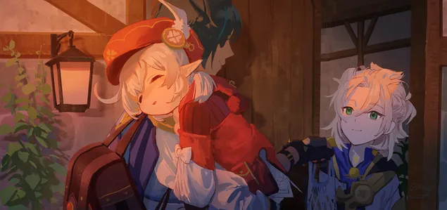 Klee umarmt Xiao vor Aether | Genshin Impact 2K Hintergrundbild