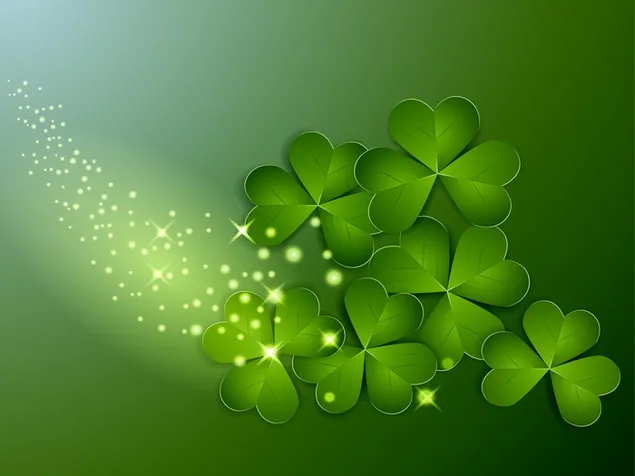 Klee mit drei Blättern und glänzende Argumente über grünem Farbverlauf. Fröhlichen St. Patrick's Day! herunterladen