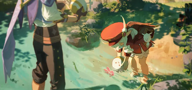 Klee spielt auf Wasserteich | Genshin Impact 2K Hintergrundbild