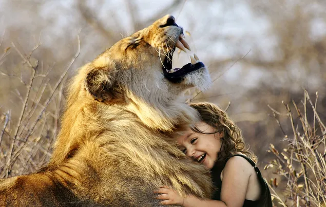 klein meisje knuffelt de leeuw