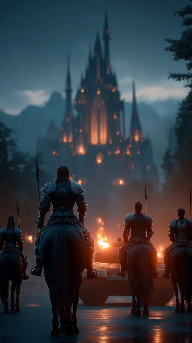 cavallers a cavall acostant-se al castell i al tanc il*luminats baixada