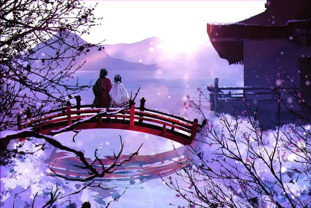 Taustpilt Kokushibo ja Shinobu Kochou istuvad sillal ja vaatavad päikesepaistes kaunist järvevaadet 2K