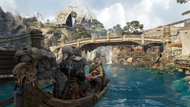 Kratos en Atreus in boot - God Of War: Ragnarok (videogame) 4K achtergrond