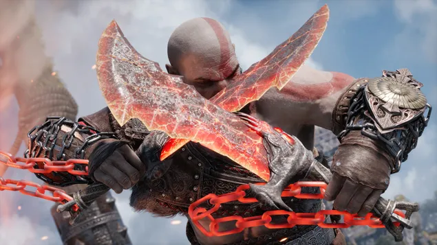 Kratos-zwaarden van chaos van God of War Ragnarok 4K achtergrond