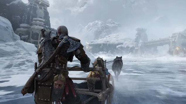 Kratos en trineo tirado por perros - God Of War: Ragnarok (Videojuego)