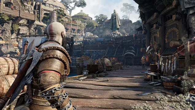 'Kratos' op de vismarkt - God Of War: Ragnarok (videogame) 4K achtergrond