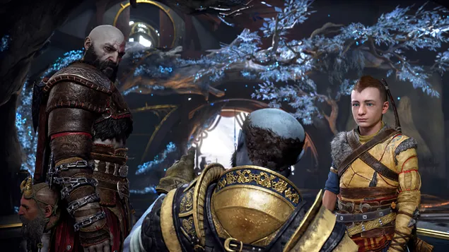 Kratos met Atreus - God Of War: Ragnarok (videogame) 4K achtergrond