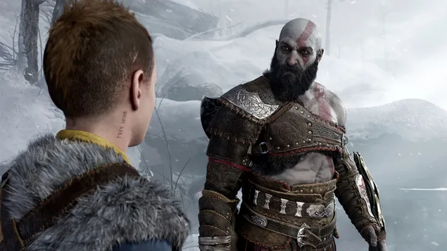 Kratos met Atreus | God of War: Ragnarok (videogame) 4K achtergrond