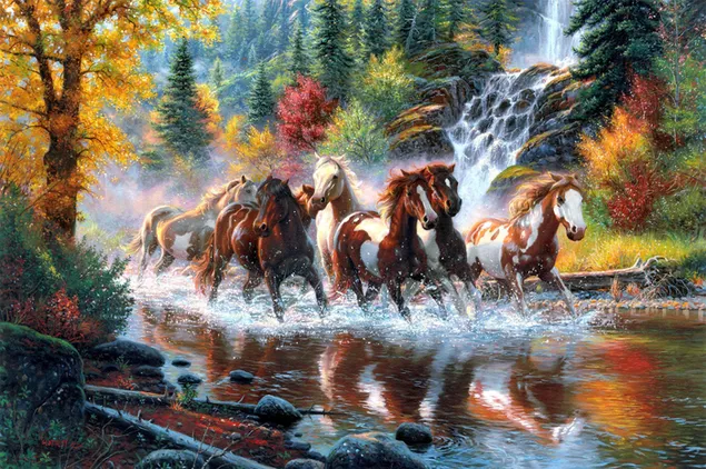 Kuda berlari di air di jalan hutan dengan pohon berwarna-warni unduhan