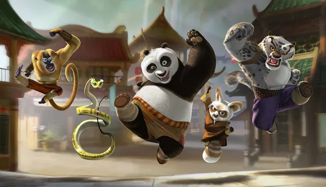 Karakter kung fu panda bekerja sama untuk bertarung 2K wallpaper