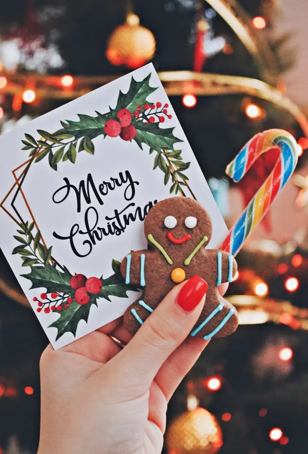 クリスマスのグリーティングカードとジンジャーブレッドマンとキャンディケインを持っている手