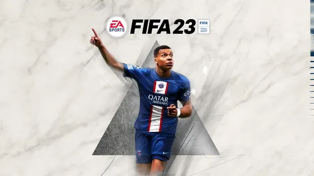 FIFA 23ビデオゲームシリーズのプロモーション画像で、パリ・サンジェルマンのサッカーチームのジャージを着たキリアン・ムバッペ